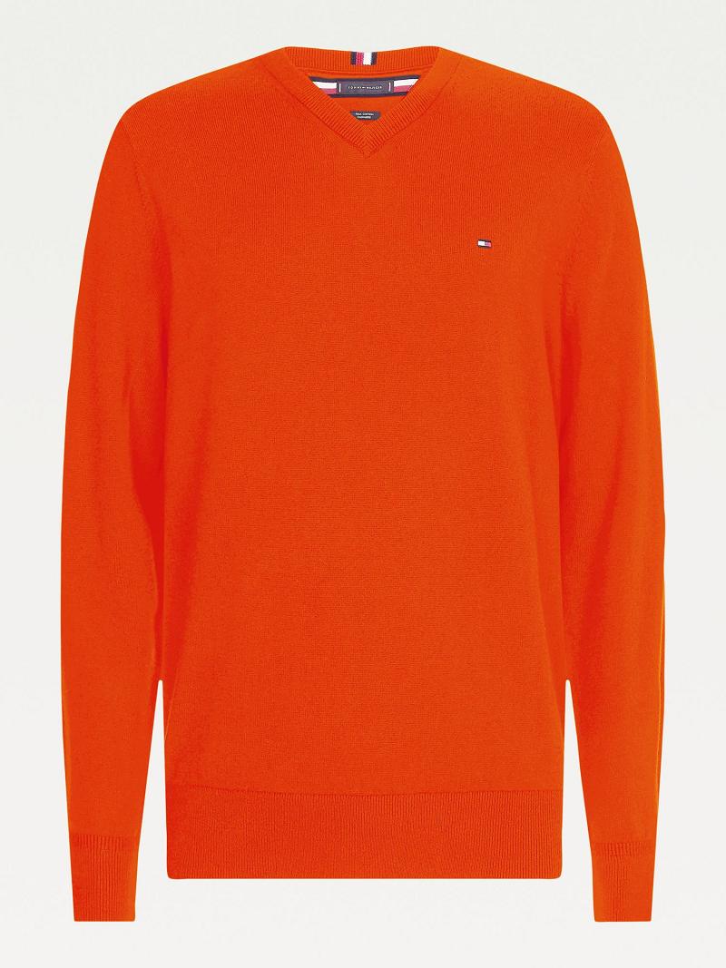 Férfi Tommy Hilfiger Pamut cashmere v-neck Pulóverek Narancssárga | HU 940OKI